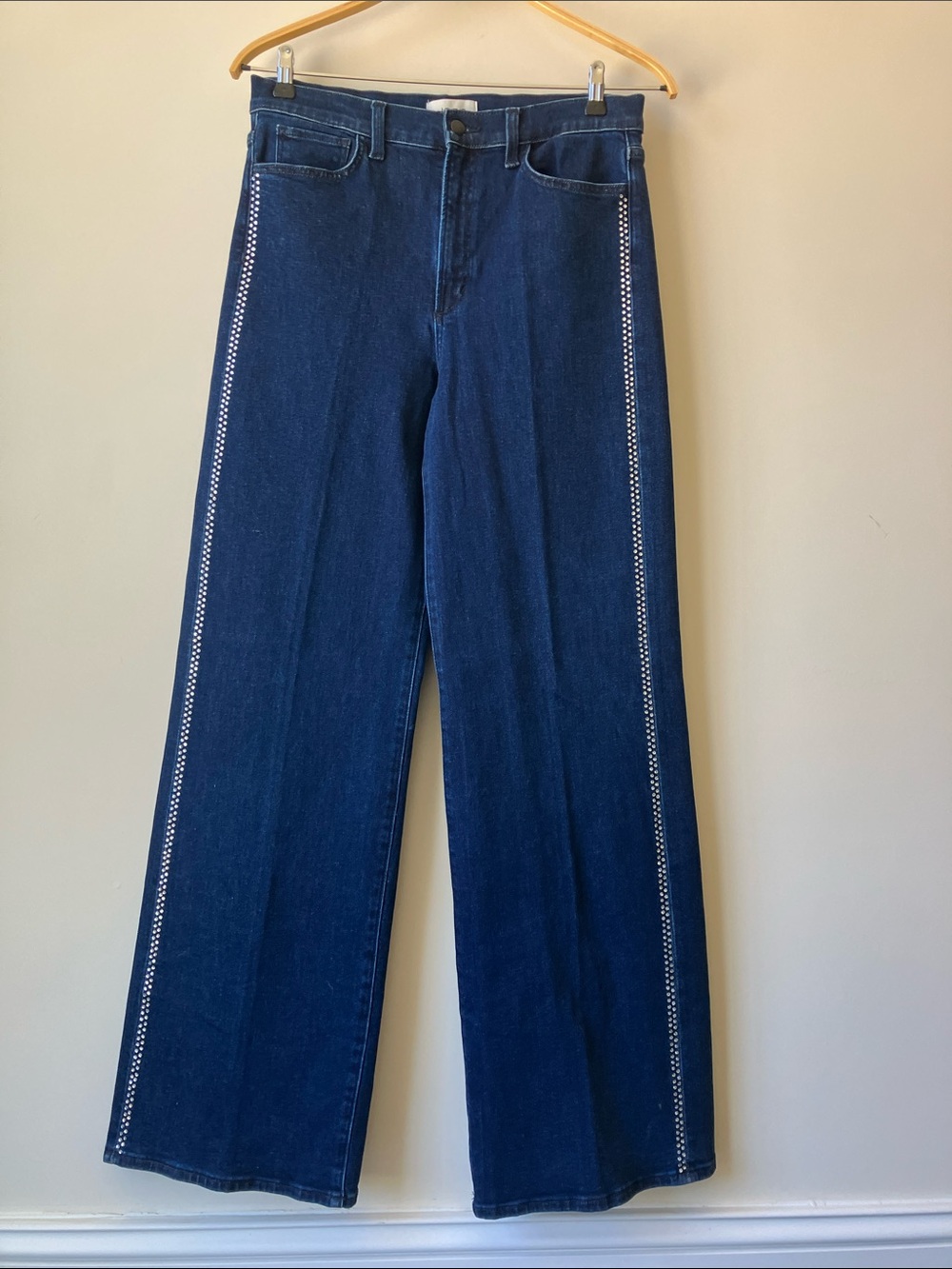 JOE’S JEANS The Mia Wide-Leg Crystal Stripe Dark Indigo Wash Long Length Size 30